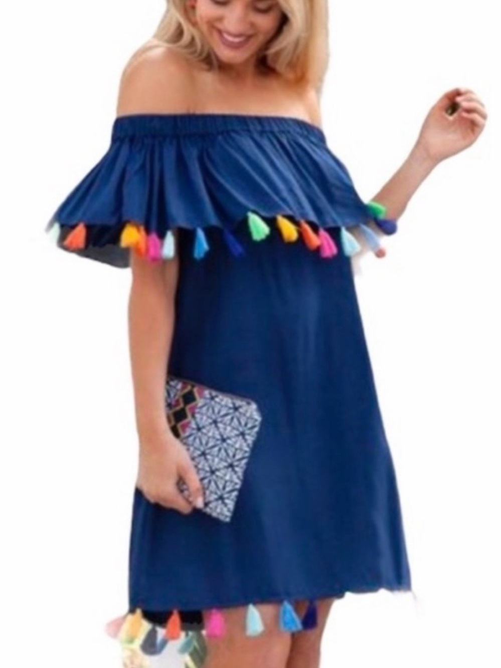 Escapada living Monica tassel dress Off-Shoulder Navy Tassel Summer Dress
